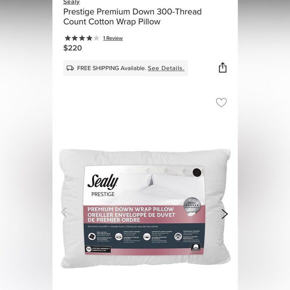 Sealy Prestige Premium Down 300-Thread Count Cotton Wrap Pillow. NEW - Picture 1 of 2